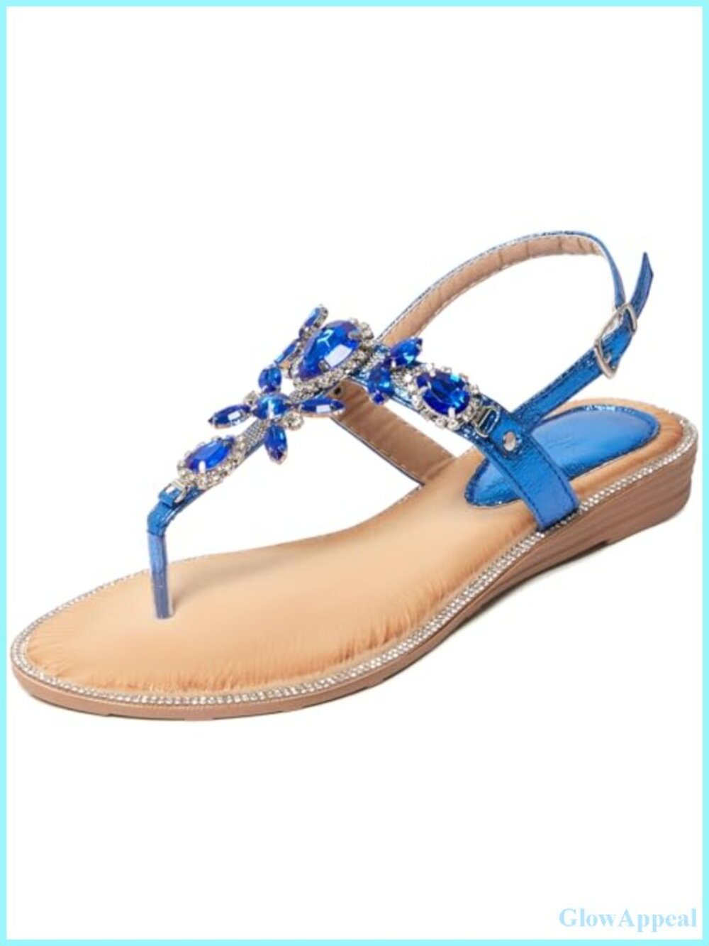 Rhinestone Flat Sandals T-Strap Adjustable Ankle Strap Faux Leather